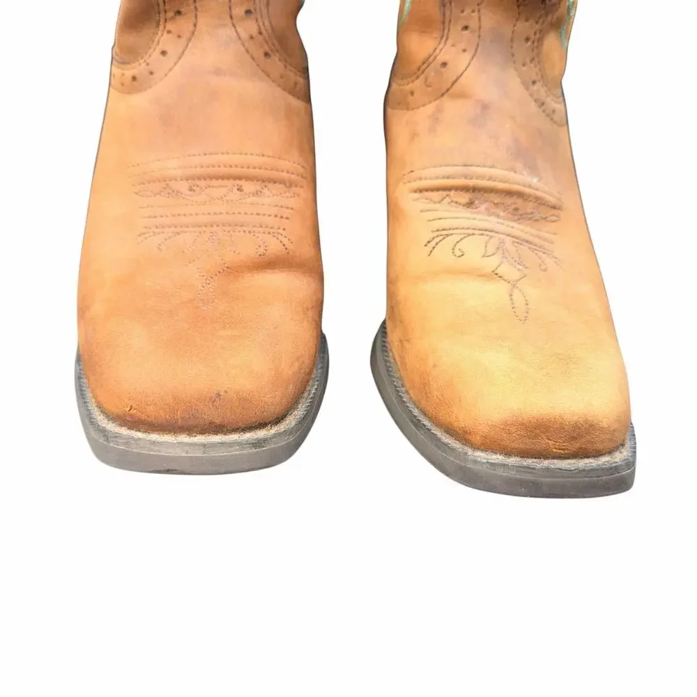 Justin Leather Western Boots Tan Turquoise Stitch Women 7B